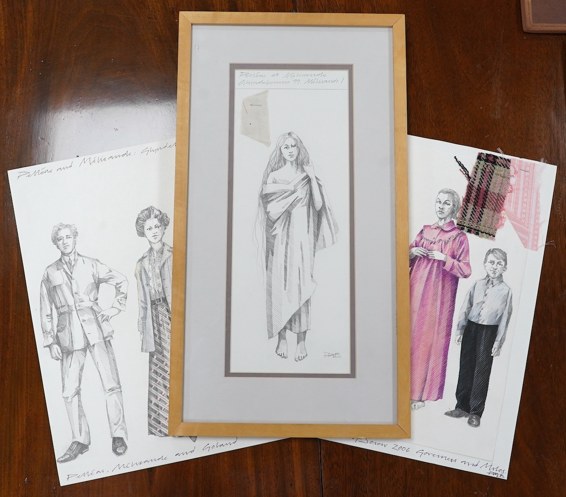 Paul Brown (b.1960), three original ink and watercolour costume designs for Debussy’s opera ‘Pelleas et Melisande’ and Britten’s ‘Turn of the Screw’, Glyndebourne, two unframed, 40 x 36cm